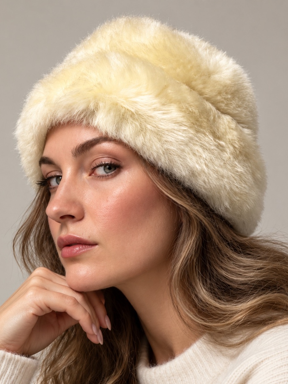 Cream Shearling Fur Winter Hat Russian Style 22” Circumference